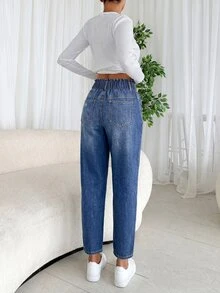 SHEIN Tall 女款休閒簡約水洗錐形牛仔褲 牛仔女裝 回校季 辦公室 日常上學穿搭 水藍色 夏季 - 藍色 - 查看 3