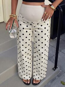 SHEIN Maternity Polka Dot Print Straight Leg Jeans - Apricot - View 3