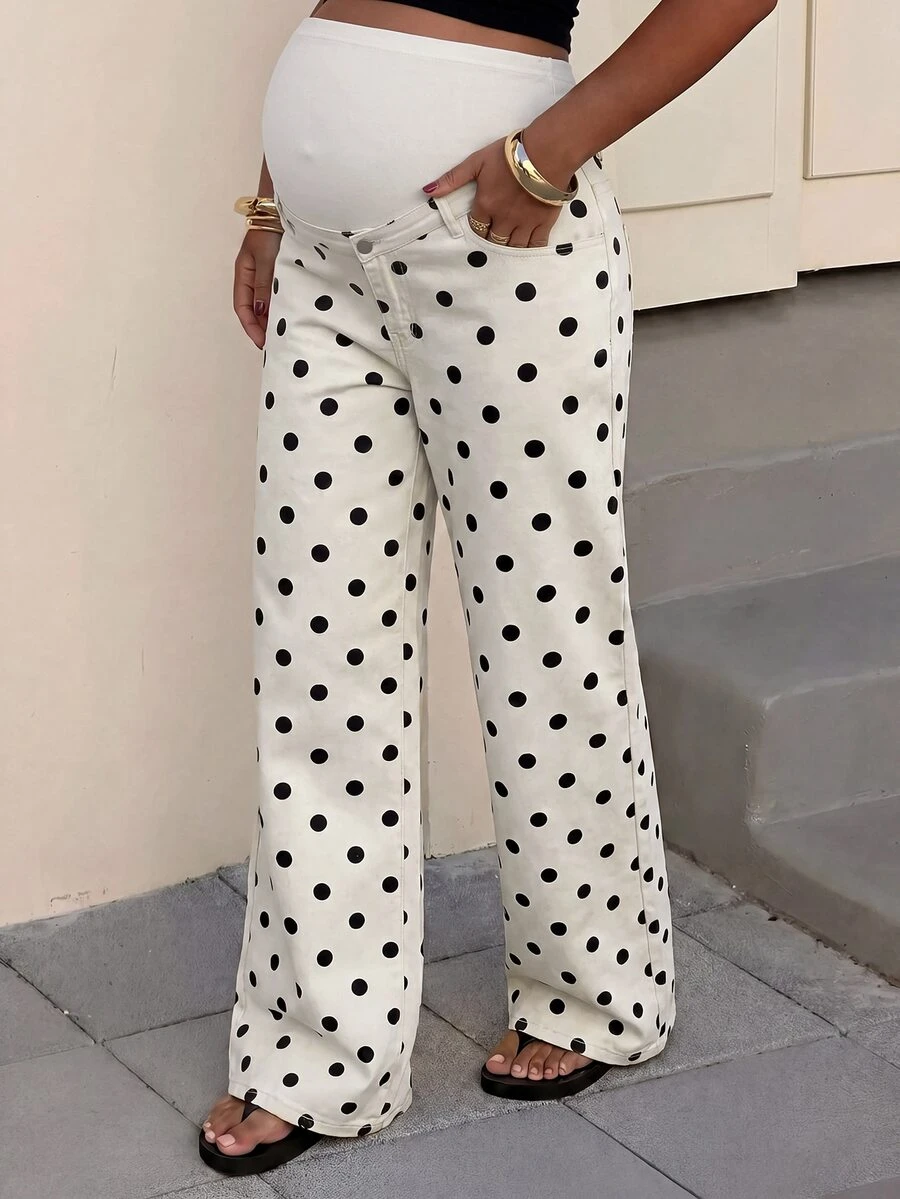 SHEIN Maternity Polka Dot Print Straight Leg Jeans - Apricot - View 1