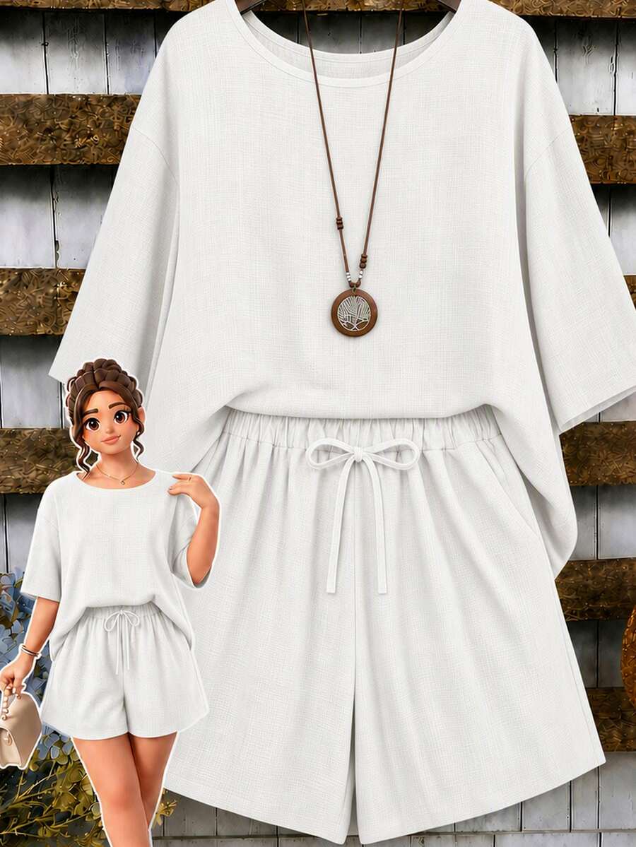 EMERY ROSE Plus Size Women 2pcs Set Linen High-Low Asymmetrical Hem Round Neck 3/4 Sleeve Top And Loose Short Wide Leg Pants, Suitable For Casual Daily Wear - White - View 1