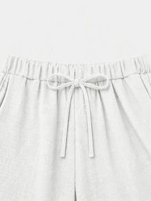 EMERY ROSE Plus Size Women 2pcs Set Linen High-Low Asymmetrical Hem Round Neck 3/4 Sleeve Top And Loose Short Wide Leg Pants, Suitable For Casual Daily Wear - White - View 6