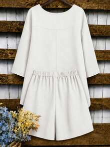 EMERY ROSE Plus Size Women 2pcs Set Linen High-Low Asymmetrical Hem Round Neck 3/4 Sleeve Top And Loose Short Wide Leg Pants, Suitable For Casual Daily Wear - White - View 2