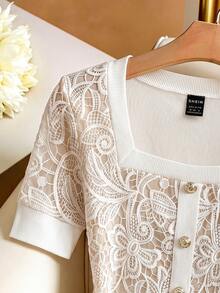 Franclia Kaos Wanita Motif Labirin Geometris, Leher Persegi, Kancing di Pinggang, Slim Kasual Musim Panas - Putih - View 3