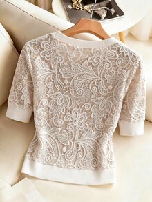 Franclia Kaos Wanita Motif Labirin Geometris, Leher Persegi, Kancing di Pinggang, Slim Kasual Musim Panas - Putih - View 2