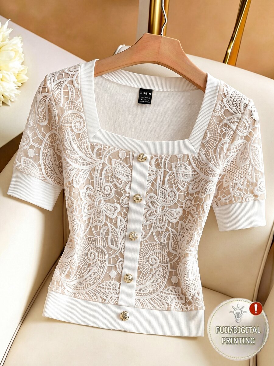 Franclia Kaos Wanita Motif Labirin Geometris, Leher Persegi, Kancing di Pinggang, Slim Kasual Musim Panas - Putih - View 1