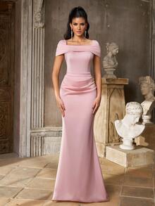 Aureia Elegant Light Pink Satin Draped Cold Shoulder Ruched Bodycon Mermaid Train Floor Length Winter Prom Dinner Evening Gala Dinner Ball Wedding - Baby Pink - View 7