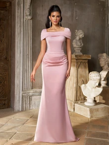 Aureia Elegant Light Pink Satin Draped Cold Shoulder Ruched Bodycon Mermaid Train Floor Length Winter Prom Dinner Evening Gala Dinner Ball Wedding - Baby Pink - View 9
