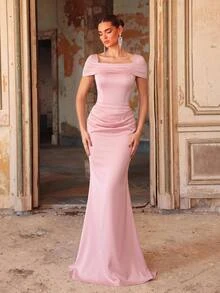 Aureia Elegant Light Pink Satin Draped Cold Shoulder Ruched Bodycon Mermaid Train Floor Length Winter Prom Dinner Evening Gala Dinner Ball Wedding - Baby Pink - View 3