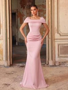 Aureia Elegant Light Pink Satin Draped Cold Shoulder Ruched Bodycon Mermaid Train Floor Length Winter Prom Dinner Evening Gala Dinner Ball Wedding - Baby Pink - View 5