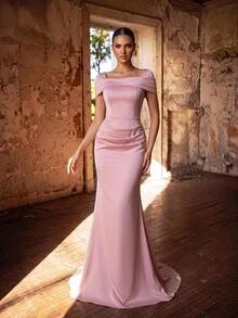 Aureia Elegant Light Pink Satin Draped Cold Shoulder Ruched Bodycon Mermaid Train Floor Length Winter Prom Dinner Evening Gala Dinner Ball Wedding - Baby Pink - View 4