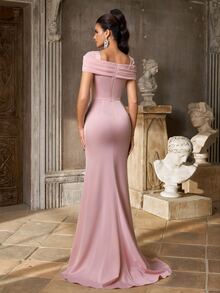 Aureia Elegant Light Pink Satin Draped Cold Shoulder Ruched Bodycon Mermaid Train Floor Length Winter Prom Dinner Evening Gala Dinner Ball Wedding - Baby Pink - View 6