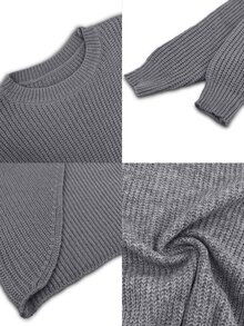 SHEIN Solid Wrap Hem Knit Pullover Fall Winter Sweater - Grey - View 8