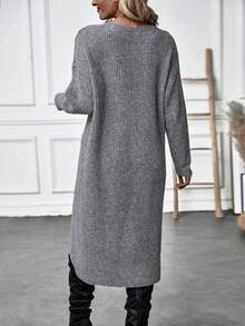 SHEIN Solid Wrap Hem Knit Pullover Fall Winter Sweater - Grey - View 2