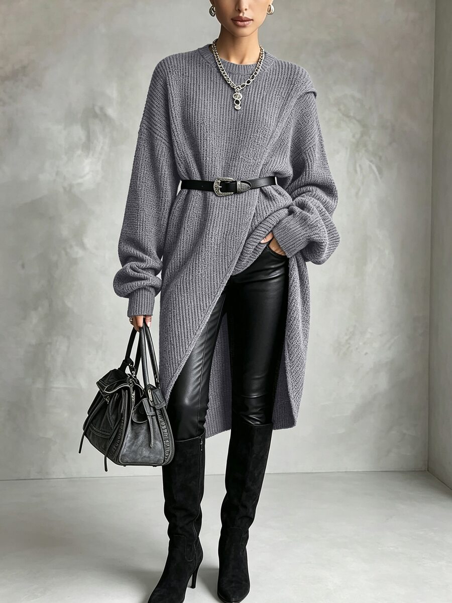 SHEIN Solid Wrap Hem Knit Pullover Fall Winter Sweater - Grey - View 1