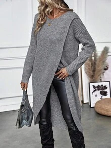 SHEIN Solid Wrap Hem Knit Pullover Fall Winter Sweater - Grey - View 5