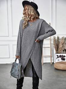 SHEIN Solid Wrap Hem Knit Pullover Fall Winter Sweater - Grey - View 6