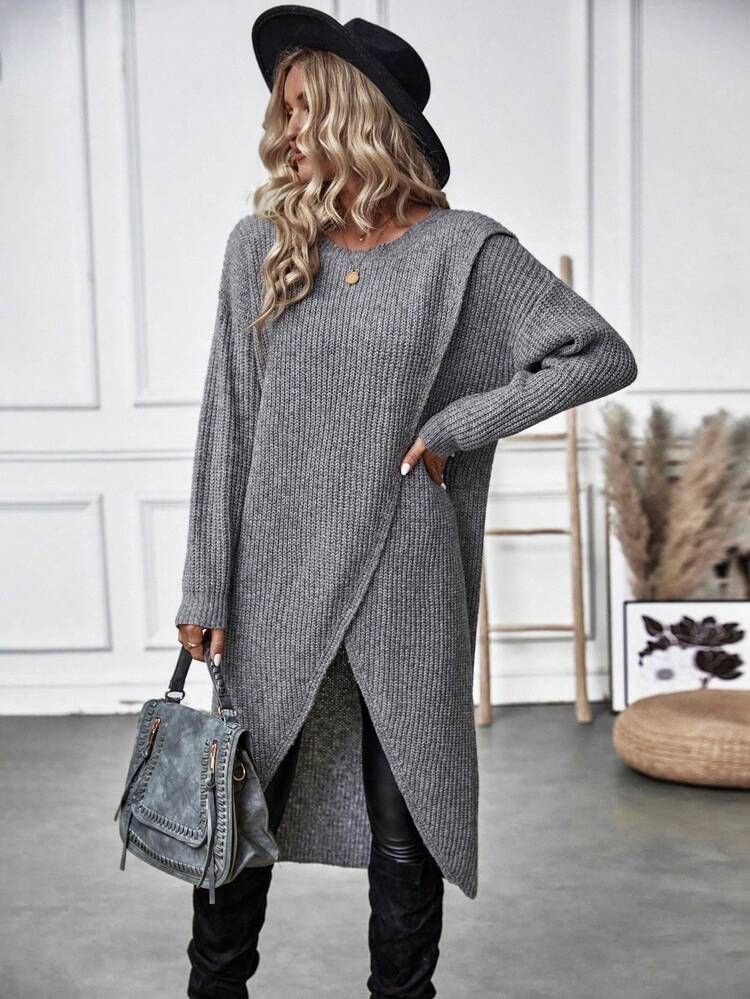 SHEIN Solid Wrap Hem Knit Pullover Fall Winter Sweater - Grey - View 6