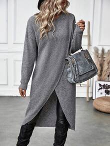 SHEIN Solid Wrap Hem Knit Pullover Fall Winter Sweater - Grey - View 4
