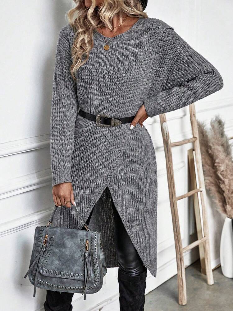 SHEIN Solid Wrap Hem Knit Pullover Fall Winter Sweater - Grey - View 7