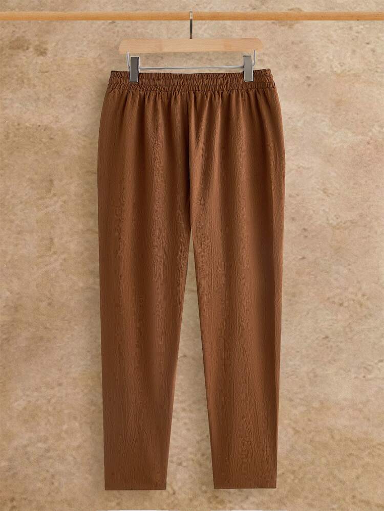 HIMLAND Men's Casual Pants, Brown Drawstring Trousers, Elastic Waist, Textured Fabric, Summer Breathable, Straight Leg, Everyday Wear, Lightweight, Streetwear - Brown - View 3