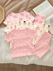 2 Random Of 3 Baby Girls Ruffle Homewear Set, Light Pink, Summer, Cute, Graphic, Holiday, Sweet Cartoon Princess Ballet Girl Bow Pattern Print Baby Girl Outfits - Multicolor - View 2