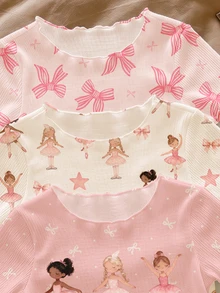 2 Random Of 3 Baby Girls Ruffle Homewear Set, Light Pink, Summer, Cute, Graphic, Holiday, Sweet Cartoon Princess Ballet Girl Bow Pattern Print Baby Girl Outfits - Multicolor - View 6