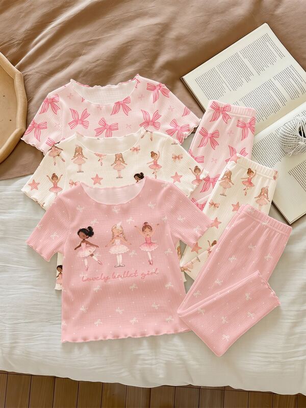 2 Random Of 3 Baby Girls Ruffle Homewear Set, Light Pink, Summer, Cute, Graphic, Holiday, Sweet Cartoon Princess Ballet Girl Bow Pattern Print Baby Girl Outfits