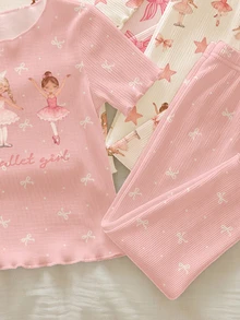2 Random Of 3 Baby Girls Ruffle Homewear Set, Light Pink, Summer, Cute, Graphic, Holiday, Sweet Cartoon Princess Ballet Girl Bow Pattern Print Baby Girl Outfits - Multicolor - View 5
