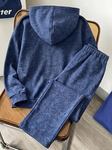 SHEIN Little Byeori 2件組小男孩休閒街頭韓風雪花印花連帽長袖衛衣與純色鬆緊腰運動長褲套裝，適合返校、生日、嬰兒洗禮、節日派對，秋冬穿著 - 黑色 - 查看 4