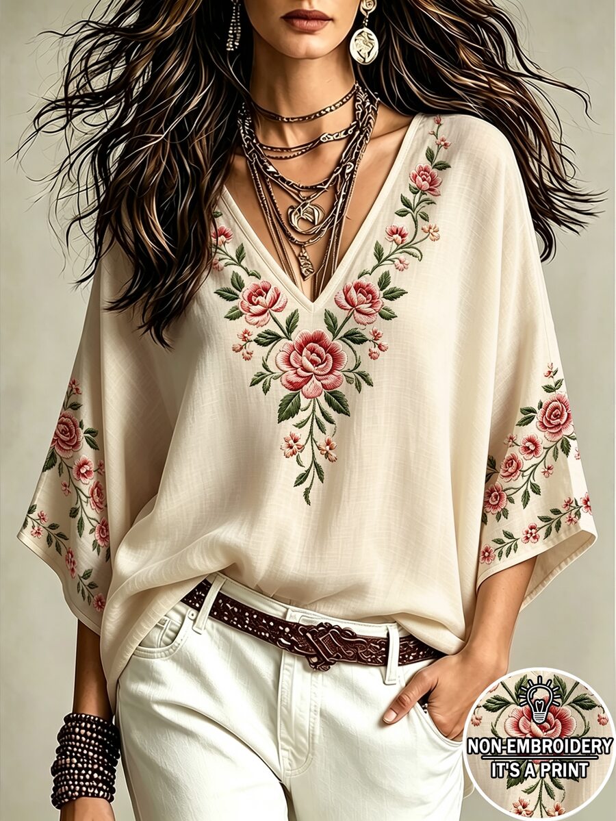 Glimmora 波希米亞風仿刺繡花卉印花女款上衣,時尚V領寬鬆落肩中長袖T恤襯衫,適合日常休閒與度假穿搭 - 彩色 - 查看 1