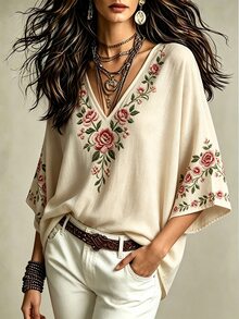 Glimmora 波希米亞風仿刺繡花卉印花女款上衣，時尚V領寬鬆落肩中長袖T恤襯衫，適合日常休閒與度假穿搭 - 彩色 - 查看 3