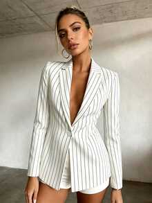 SHEIN 女款條紋翻領長袖單扣西裝外套 - 黑與白 - 查看 6