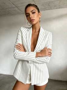 SHEIN 女款條紋翻領長袖單扣西裝外套 - 黑與白 - 查看 5