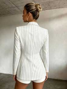 SHEIN 女款條紋翻領長袖單扣西裝外套 - 黑與白 - 查看 2