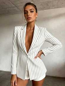 SHEIN 女款條紋翻領長袖單扣西裝外套 - 黑與白 - 查看 4