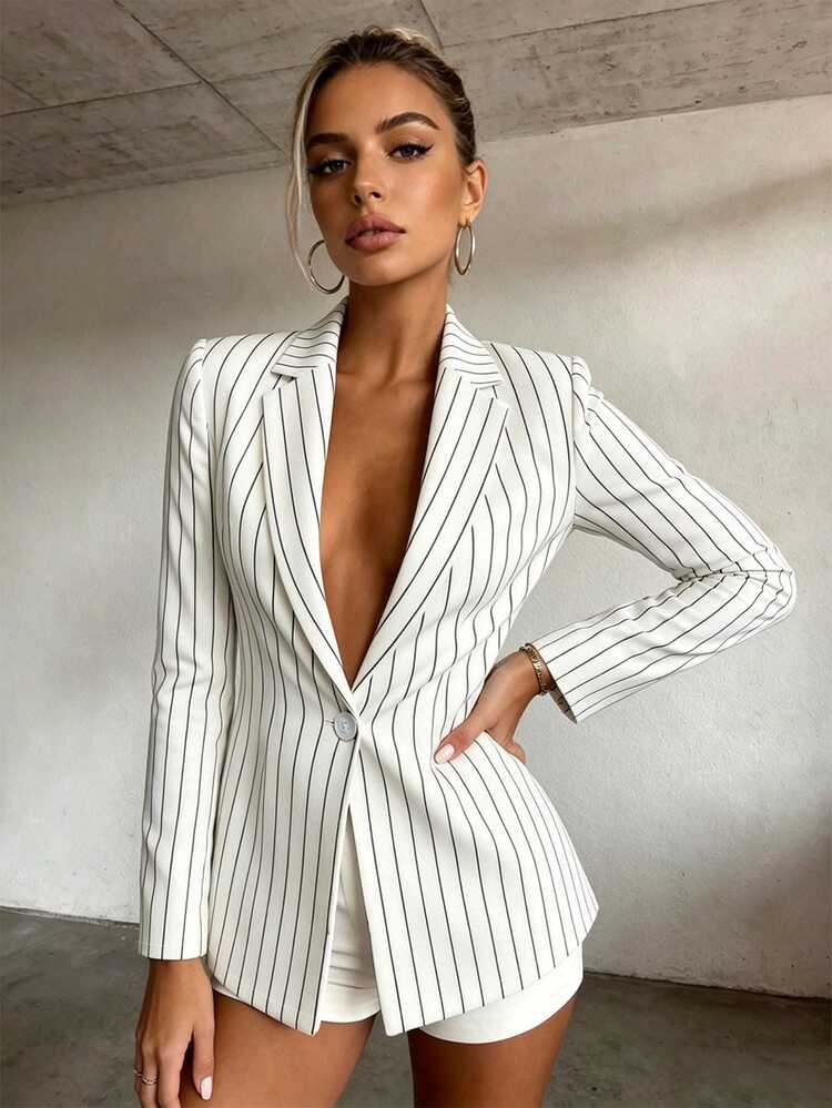 SHEIN بليزر نسائي مخطط بياقة طية صدر وأكمام طويلة وزر واحد - أبيض وأسود - مشاهدة 4
