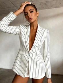 SHEIN 女款條紋翻領長袖單扣西裝外套 - 黑與白 - 查看 3