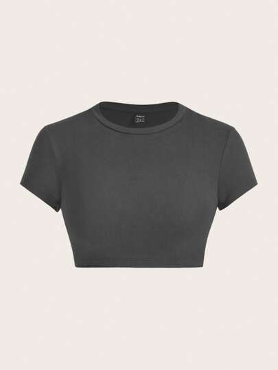 SHEIN ICON Camiseta Feminina de Manga Curta Ajustada e Cropped, Gola Redonda, Minimalista e Casual, na Cor Cinza Escuro, Adequada Para o Verão