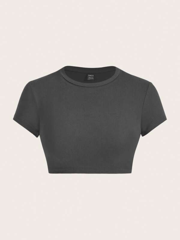 SHEIN ICON Casual Minimalist Dark Gray Round Neck Short Sleeve Fitted Cropped Women T-Shirt, Suitable For Summer Suitable For Going Out