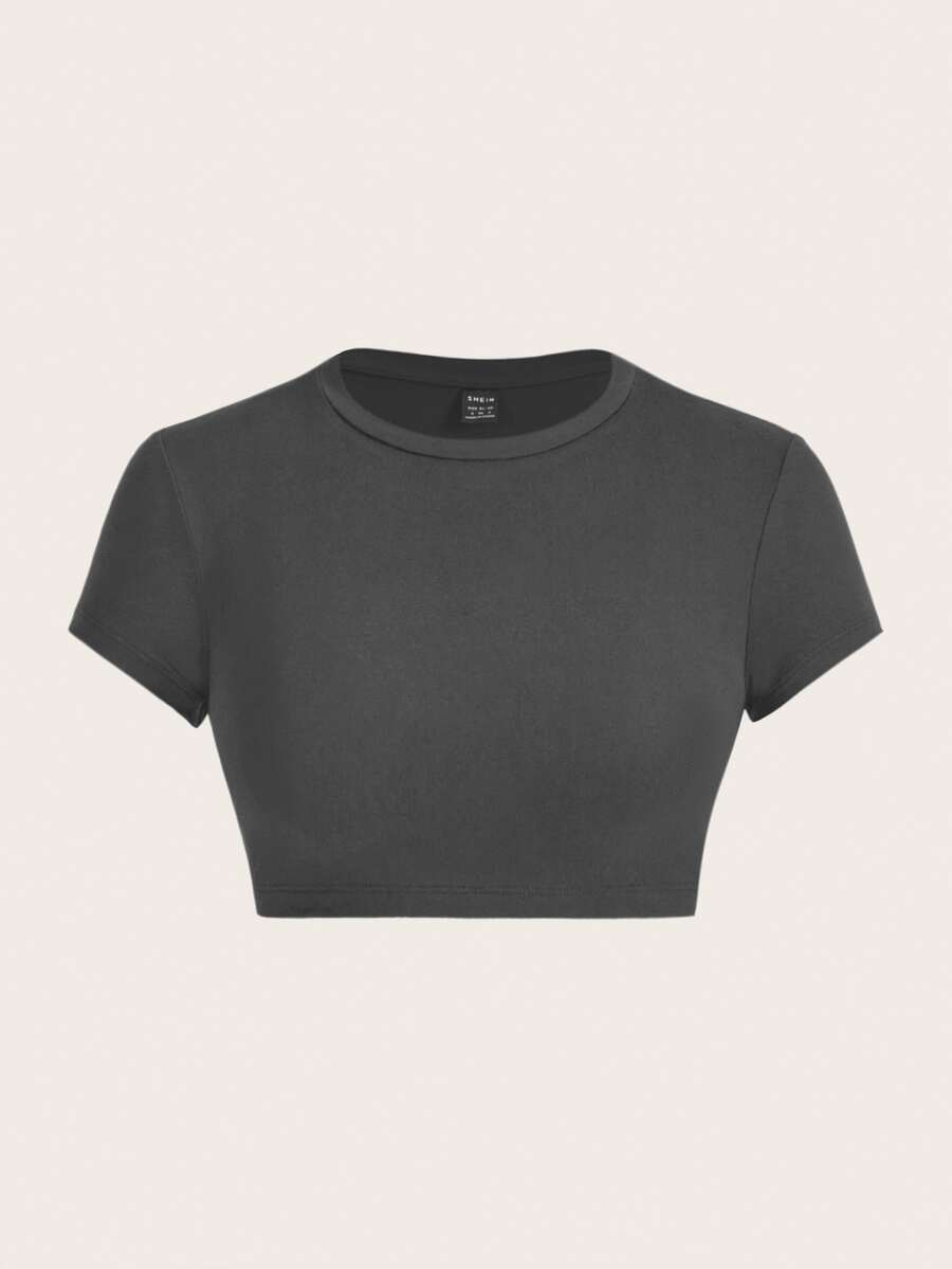 SHEIN ICON Casual Minimalist Dark Gray Round Neck Short Sleeve Fitted Cropped Women T-Shirt, Suitable For Summer Suitable For Going Out - Dark Grey - View 1
