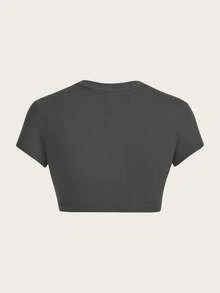 SHEIN ICON Casual Minimalist Dark Gray Round Neck Short Sleeve Fitted Cropped Women T-Shirt, Suitable For Summer Suitable For Going Out - Dark Grey - View 2