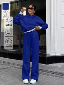 EURMUSE Women Oversize Casual Sweatshirt With Wide Leg Travel Navy Blue Light Blue Autumn Lounge - Blue - View 8