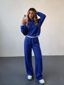 EURMUSE Women Oversize Casual Sweatshirt With Wide Leg Travel Navy Blue Light Blue Autumn Lounge - Blue - View 3