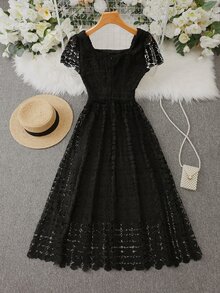 Franclia 女士夏季优雅蕾丝腰带抽绳长款连衣裙 - 黑色 - 查看 2