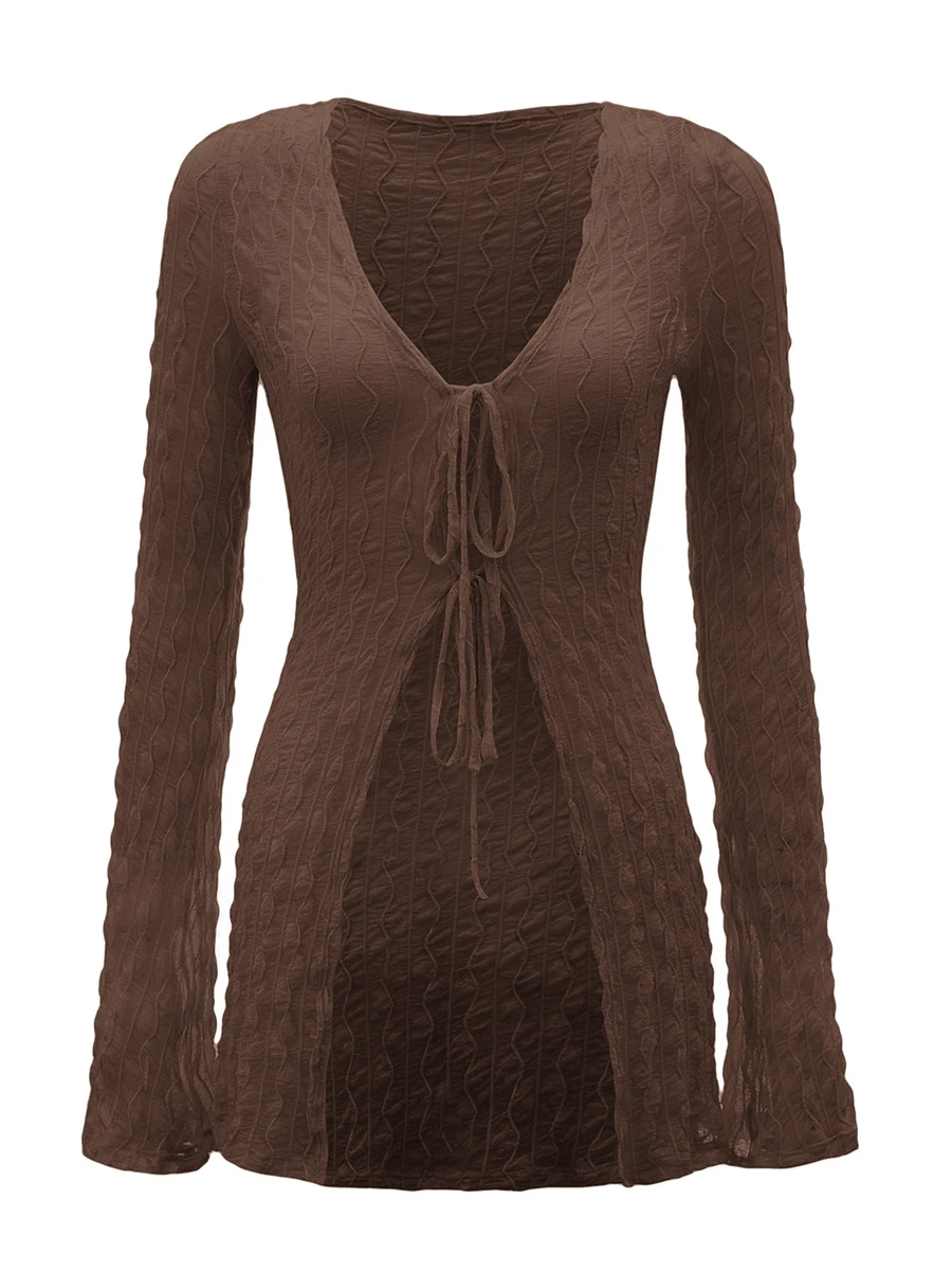 SHEIN ICON 90s Bell Sleeve Tie Front Textured Sheer Top - Chocolate Brown - View 1