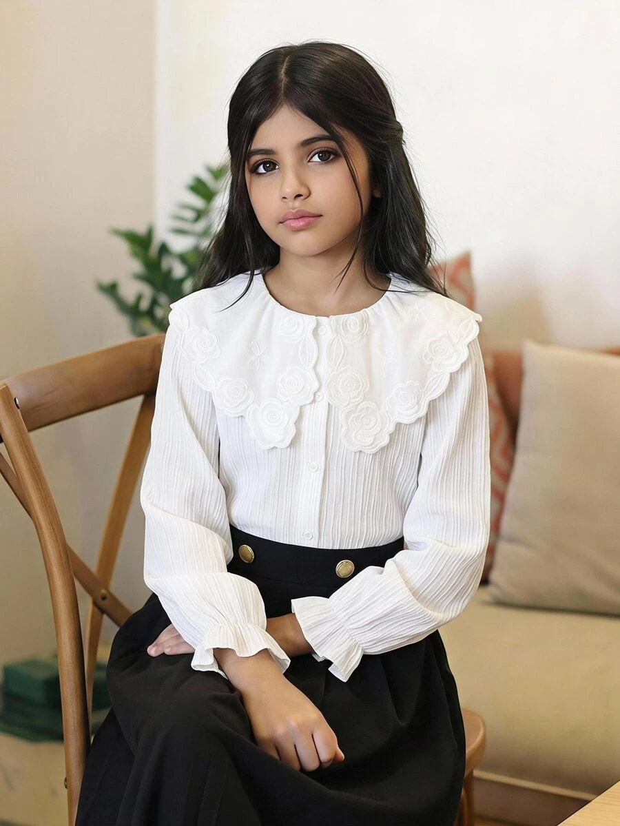 SHEIN Tween女孩寬鬆休閒簡約舒適日常穿著校園風白色飾邊袖優雅荷葉邊前開扣襯衫,長袖返校季 - 白色 - 查看 1