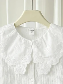SHEIN Tween女孩寬鬆休閒簡約舒適日常穿著校園風白色飾邊袖優雅荷葉邊前開扣襯衫，長袖返校季 - 白色 - 查看 4