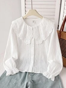 SHEIN Tween女孩寬鬆休閒簡約舒適日常穿著校園風白色飾邊袖優雅荷葉邊前開扣襯衫，長袖返校季 - 白色 - 查看 8