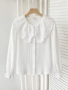 SHEIN Tween女孩寬鬆休閒簡約舒適日常穿著校園風白色飾邊袖優雅荷葉邊前開扣襯衫，長袖返校季 - 白色 - 查看 3