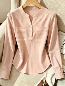 Franclia Women's Casual Vacation & Commute Solid Color Textured Fabric Notch Collar Patchwork Pocket Dropped Shoulder Loose Blouse, Spring/Autumn - Dusty Pink - View 1